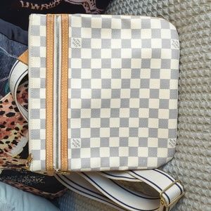 Louis Vuitton Damier Azur Crossbody Bag with Tan Trim and Gold Hardware